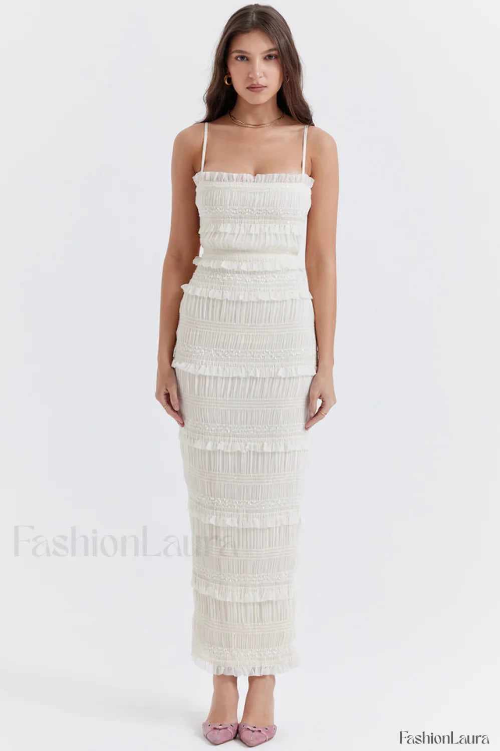 Solana Ivory Sequin Charming Pleat Maxi Dress
