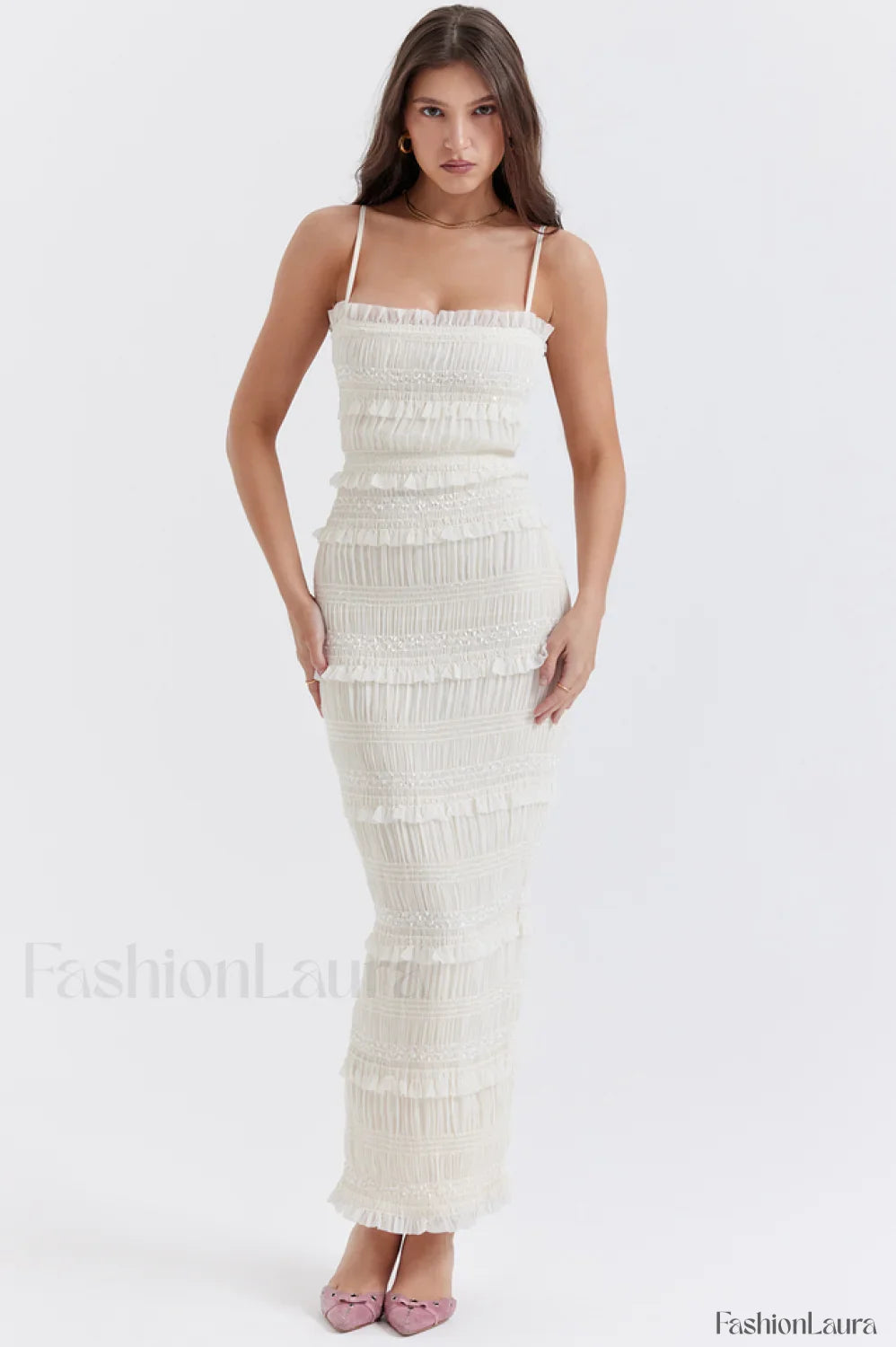 Solana Ivory Sequin Charming Pleat Maxi Dress