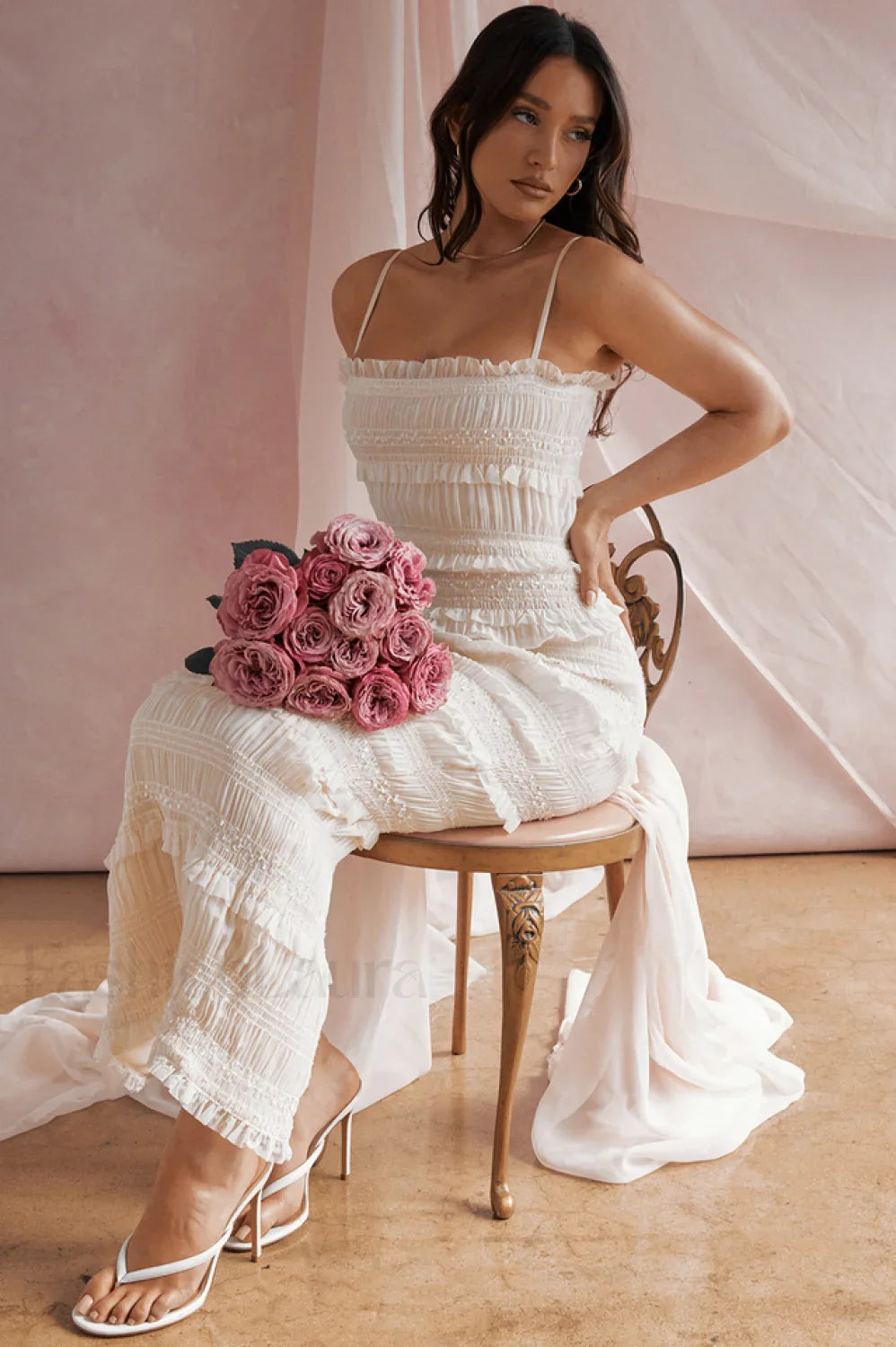 Solana Ivory Sequin Charming Pleat Maxi Dress