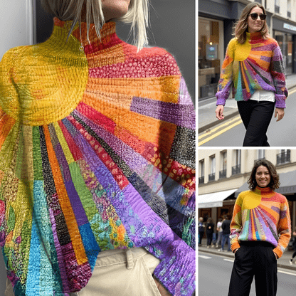 Turtleneck Long Sleeve Patchwork Print Knit Sweater