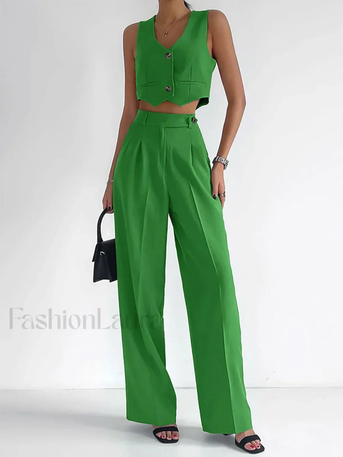 Solid Button Front Trendy Waistcoat With Pants Set Green / XS Pant Sets
