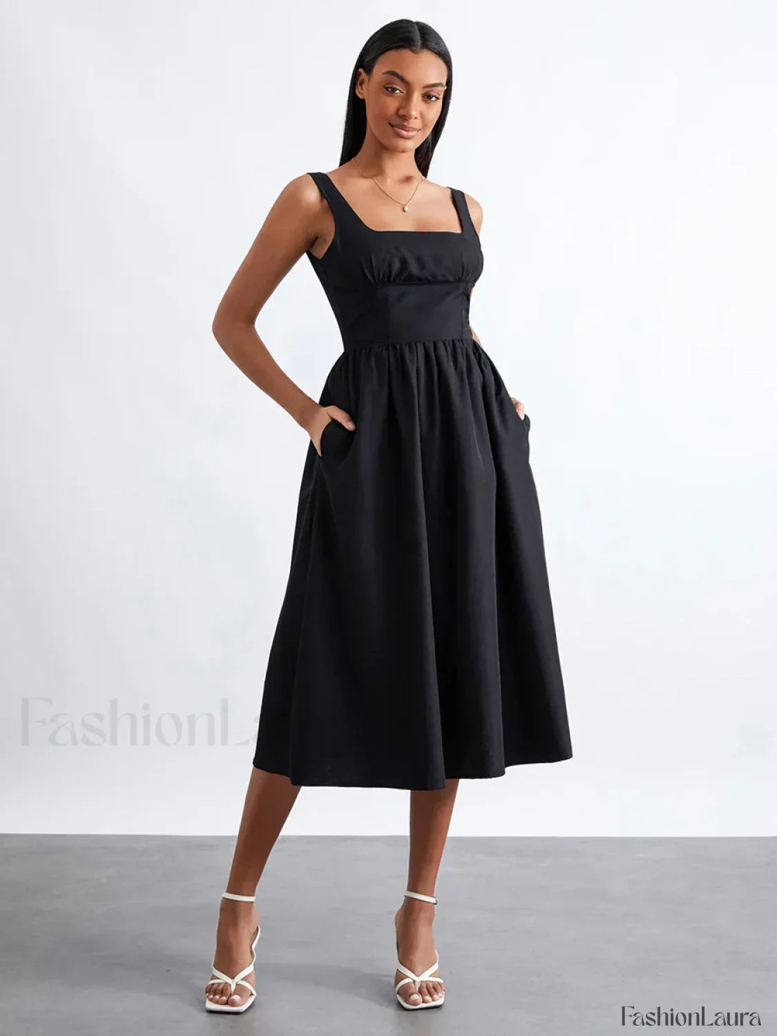 Solid Cami High-Waist Midi Dress