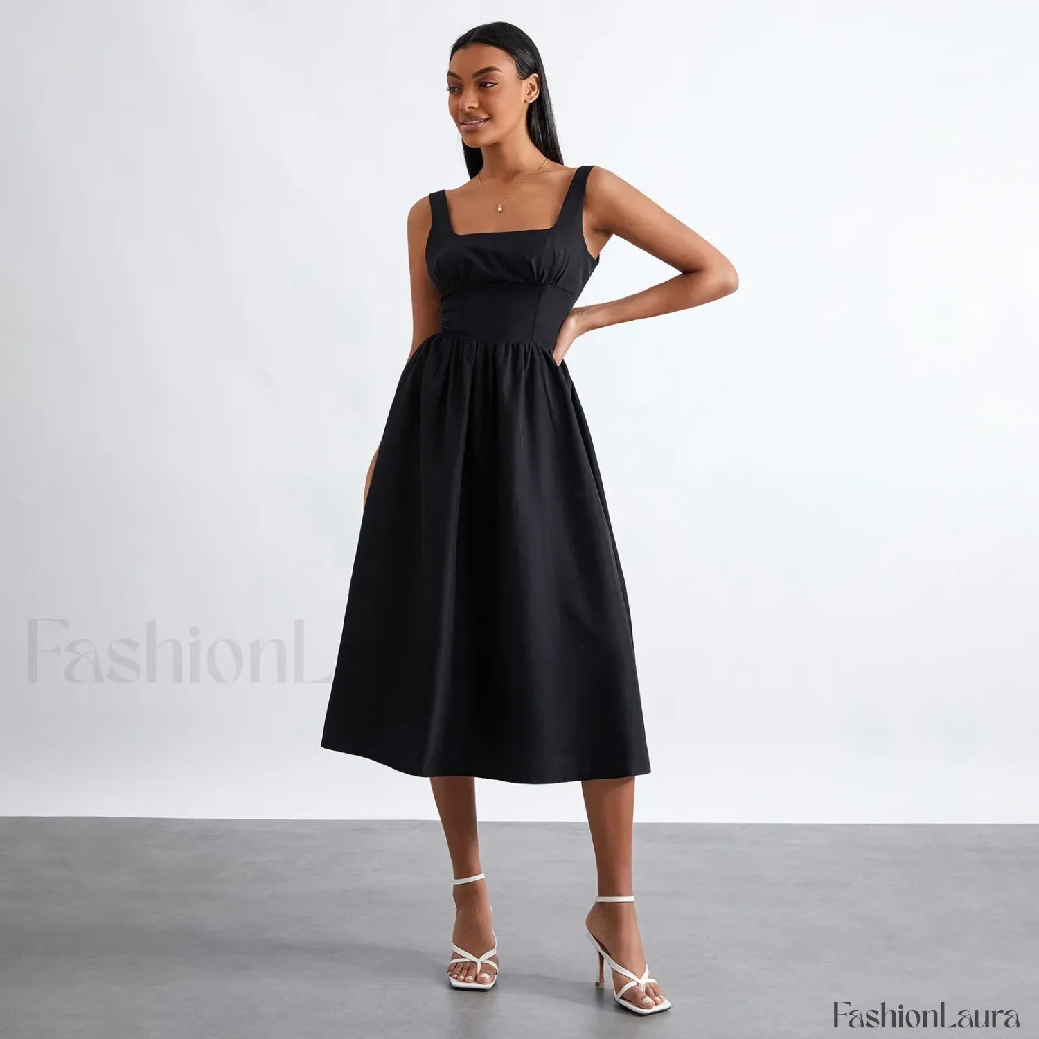Solid Cami High-Waist Midi Dress