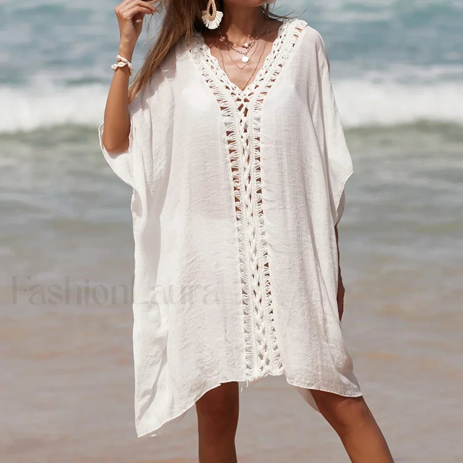 Solid Color Crochet Cutout Loose Cover Up