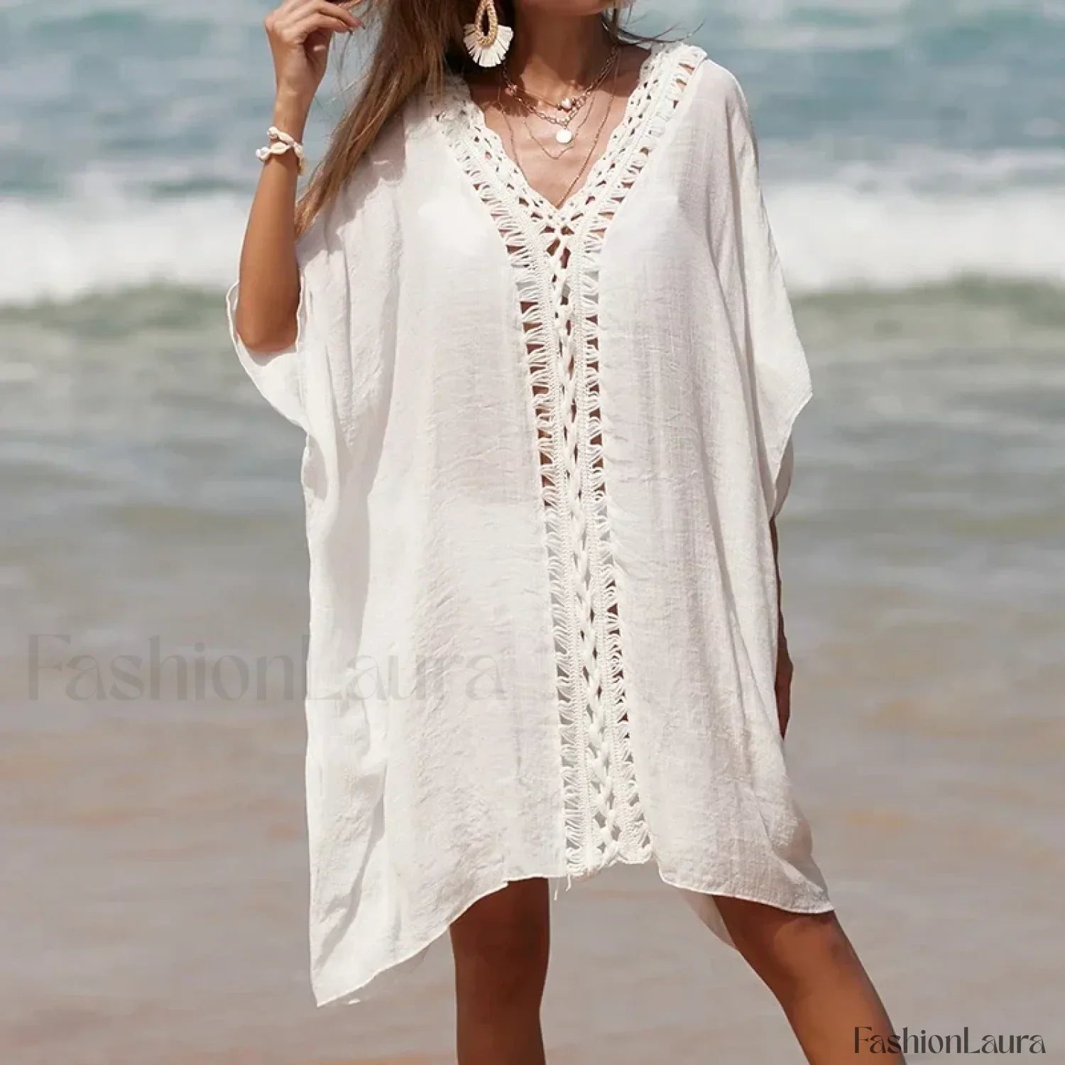 Solid Color Crochet Cutout Loose Cover Up