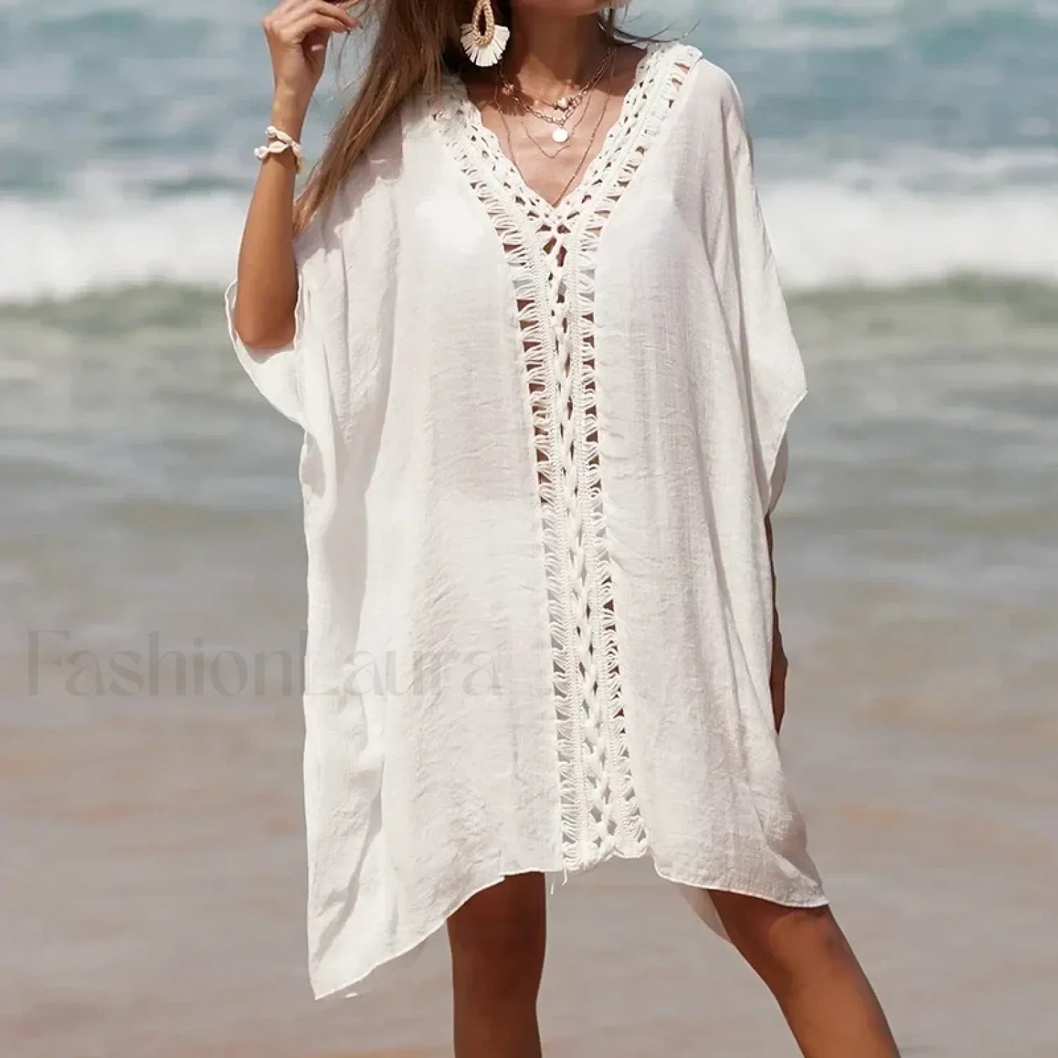 Solid Color Crochet Cutout Loose Cover Up WHITE / One Size