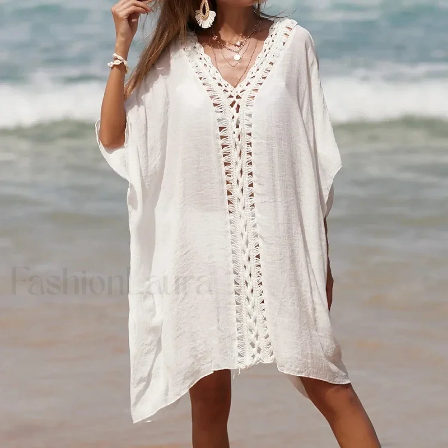 Solid Color Crochet Cutout Loose Cover Up