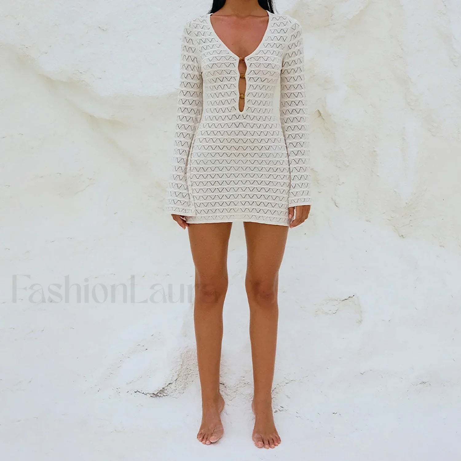 Solid Color Hollow-Out Long Sleeve Knitted Cover Up