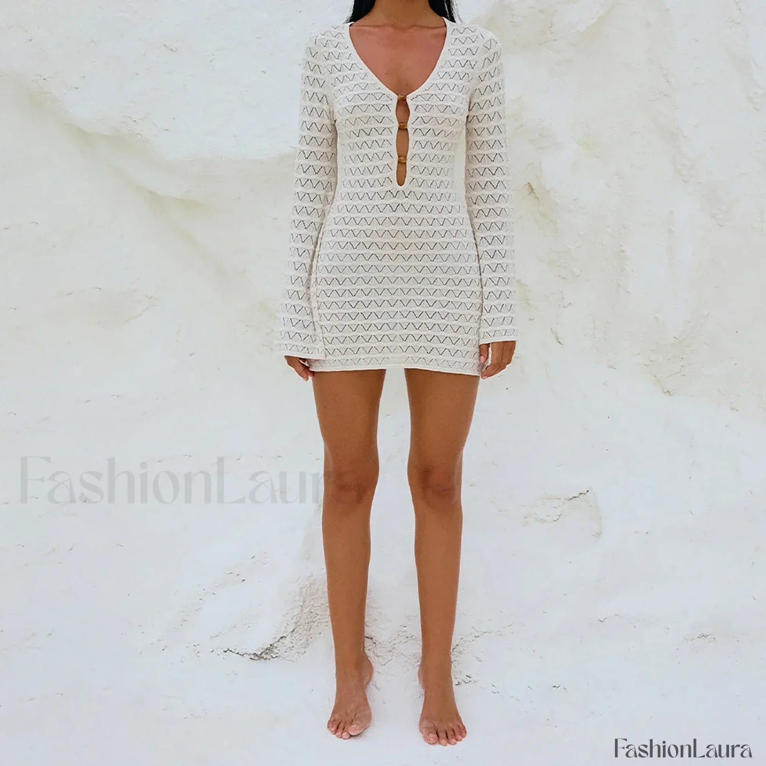 Solid Color Hollow-Out Long Sleeve Knitted Cover Up