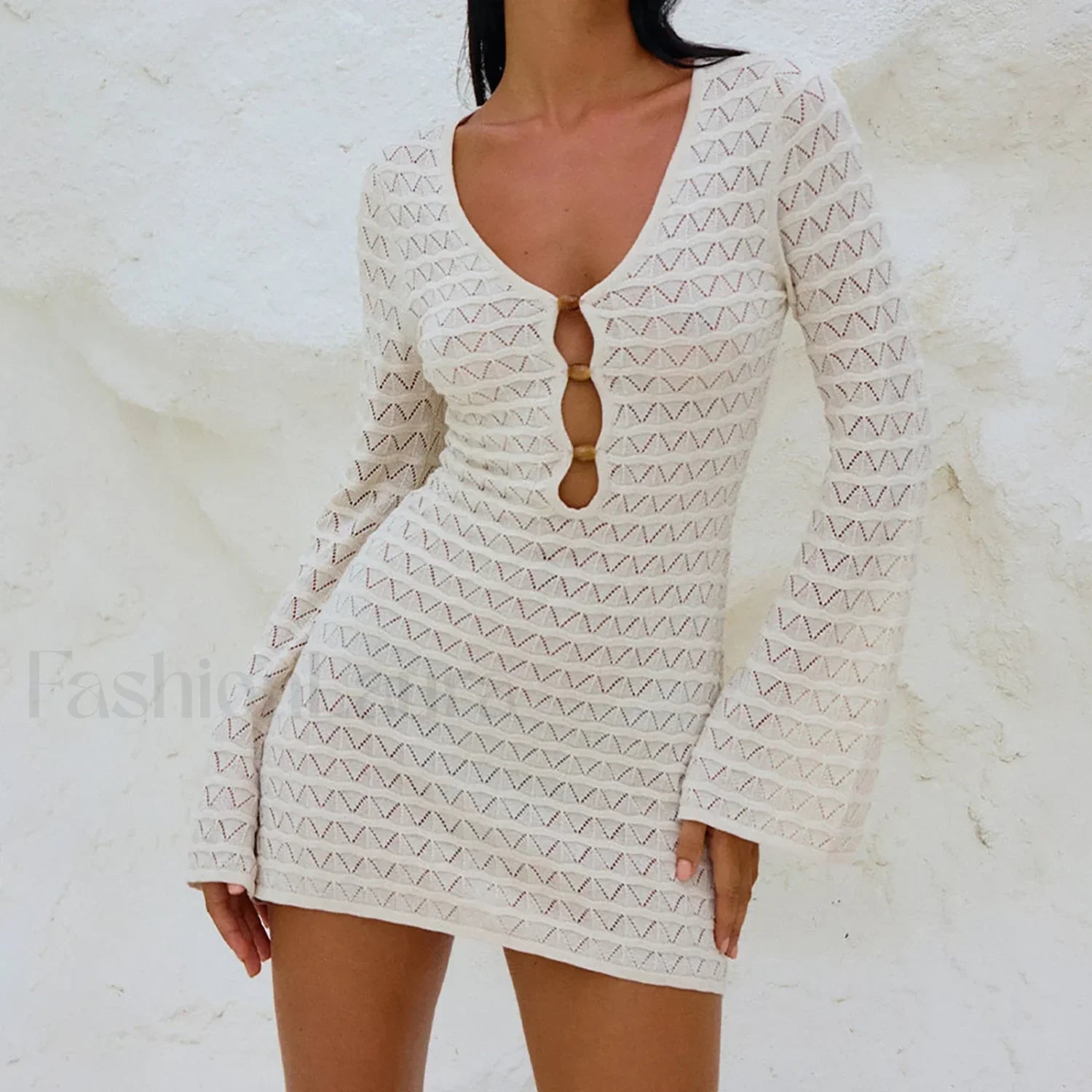 Solid Color Hollow-Out Long Sleeve Knitted Cover Up