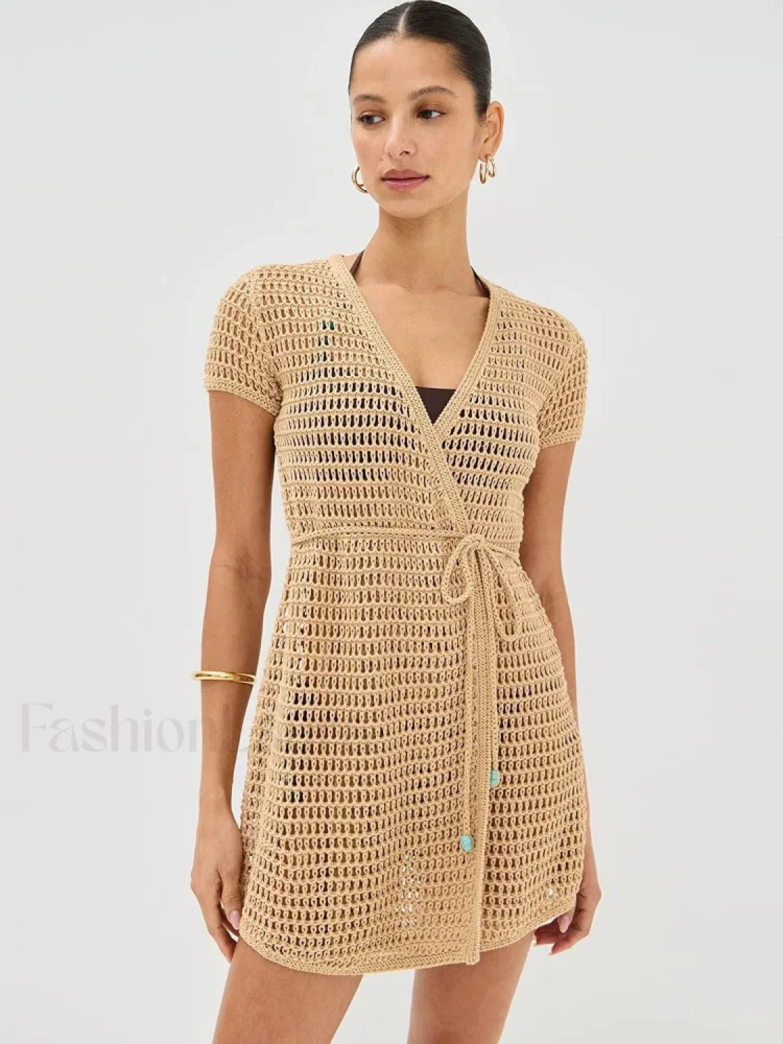 Solid Color Knit Hollow Out Short Sleeve Wrap Cover Up