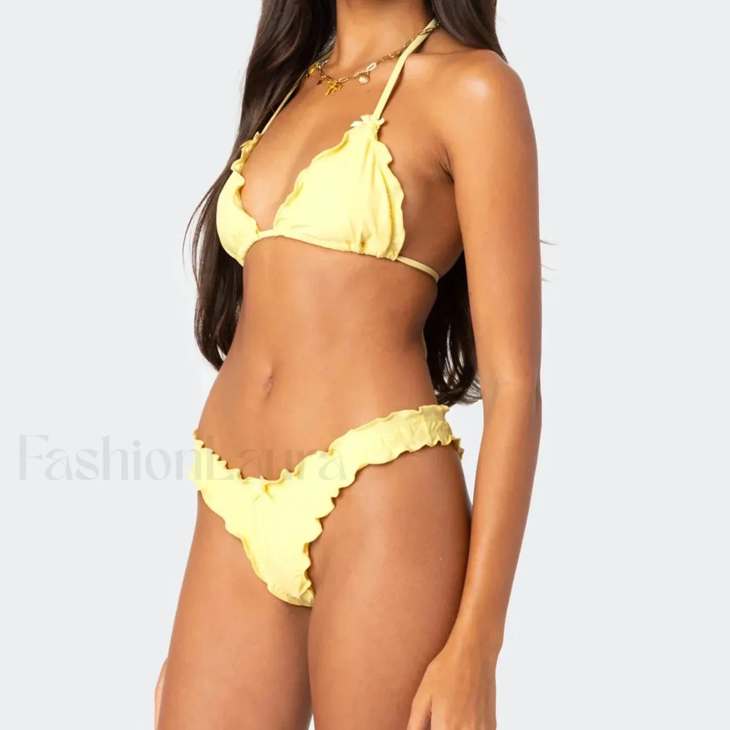 Solid Color Lettuce Trim Bikini Set