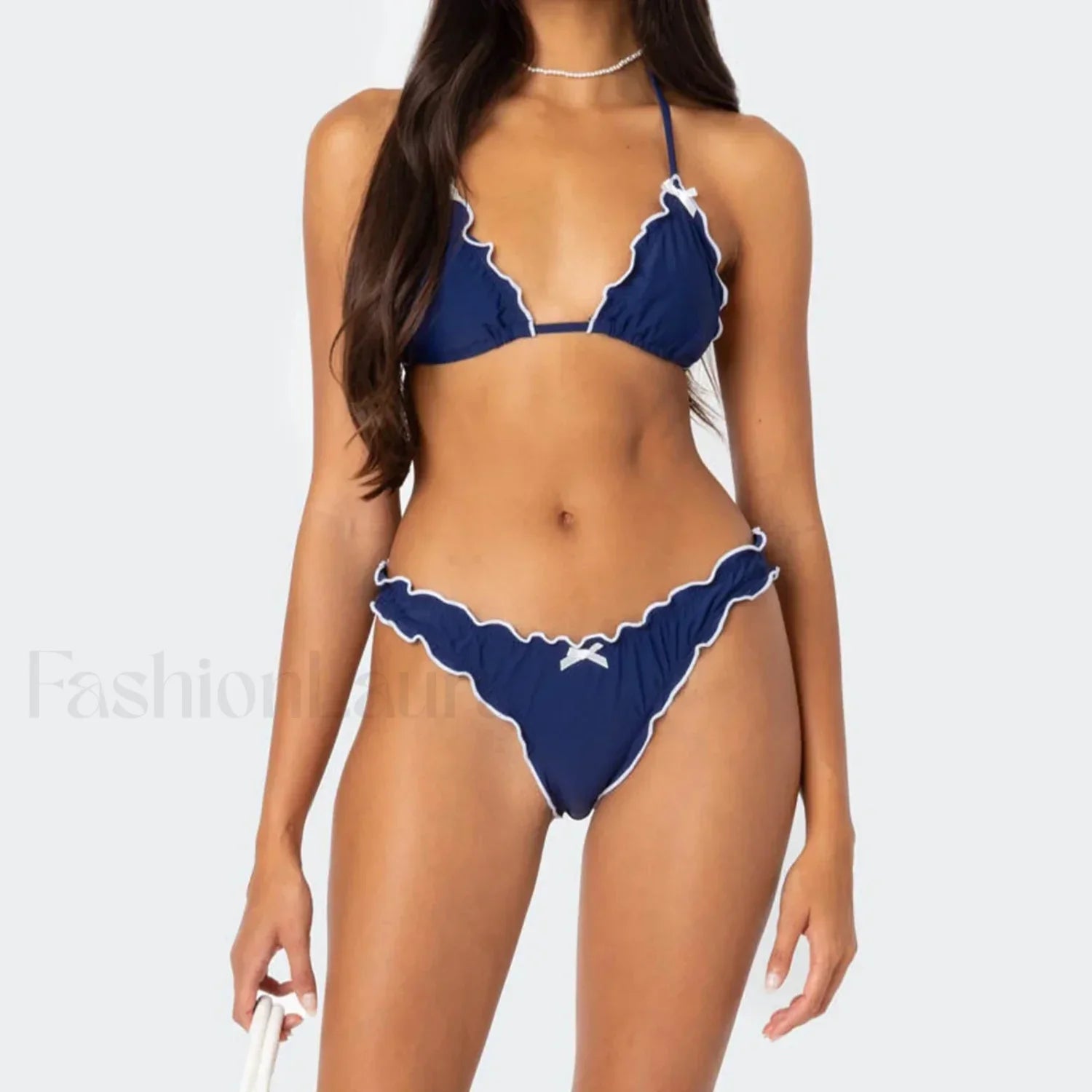 Solid Color Lettuce Trim Bikini Set