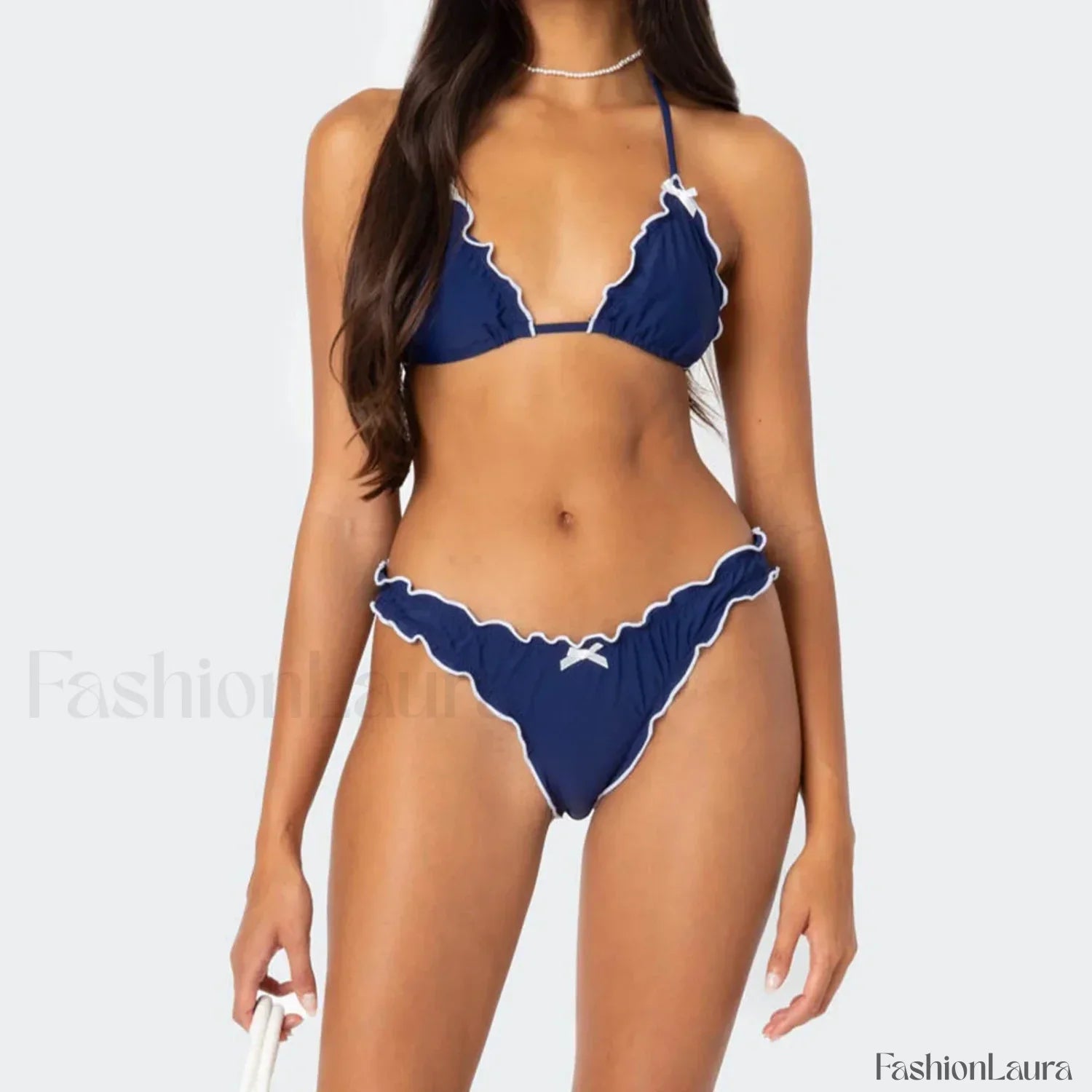 Solid Color Lettuce Trim Bikini Set