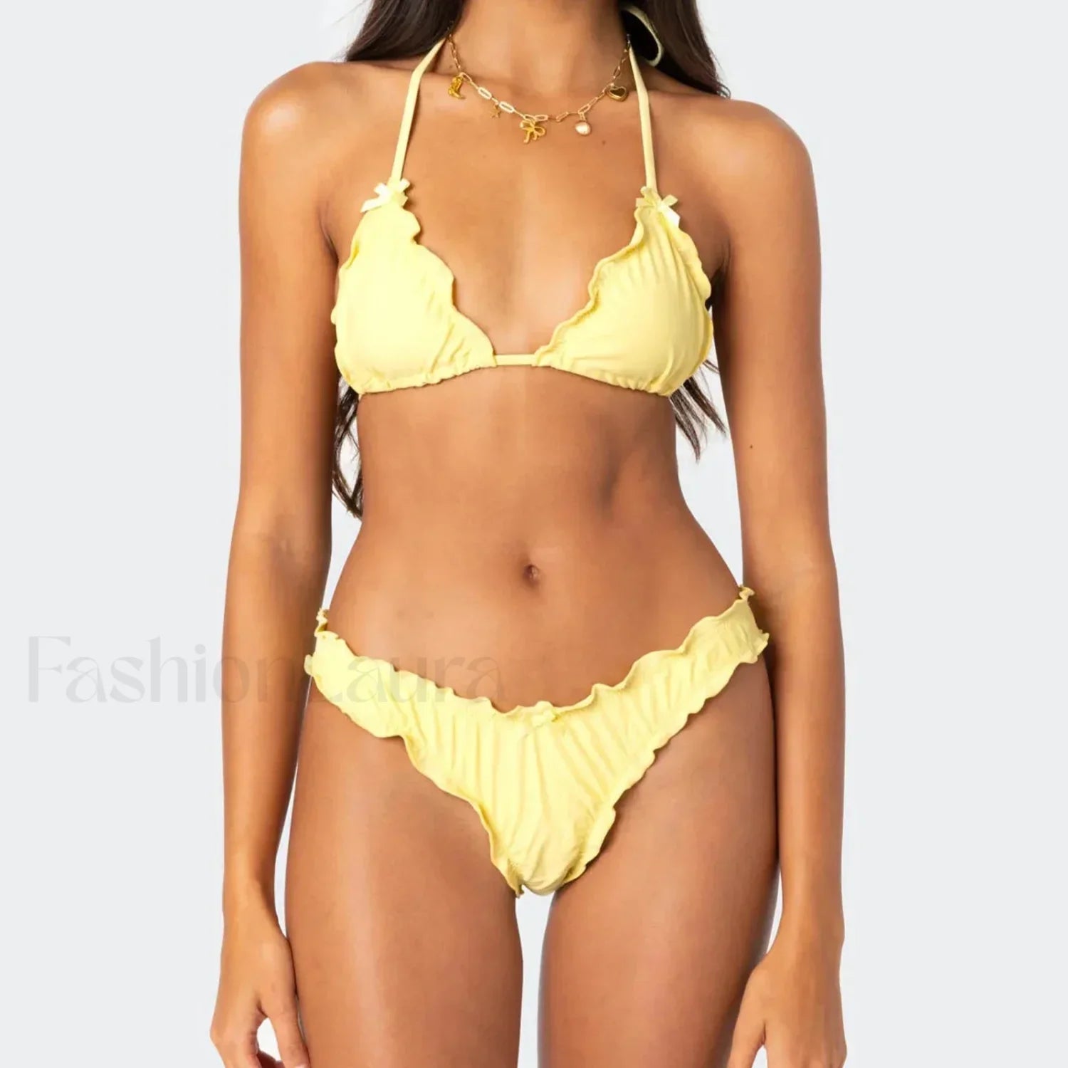Solid Color Lettuce Trim Bikini Set