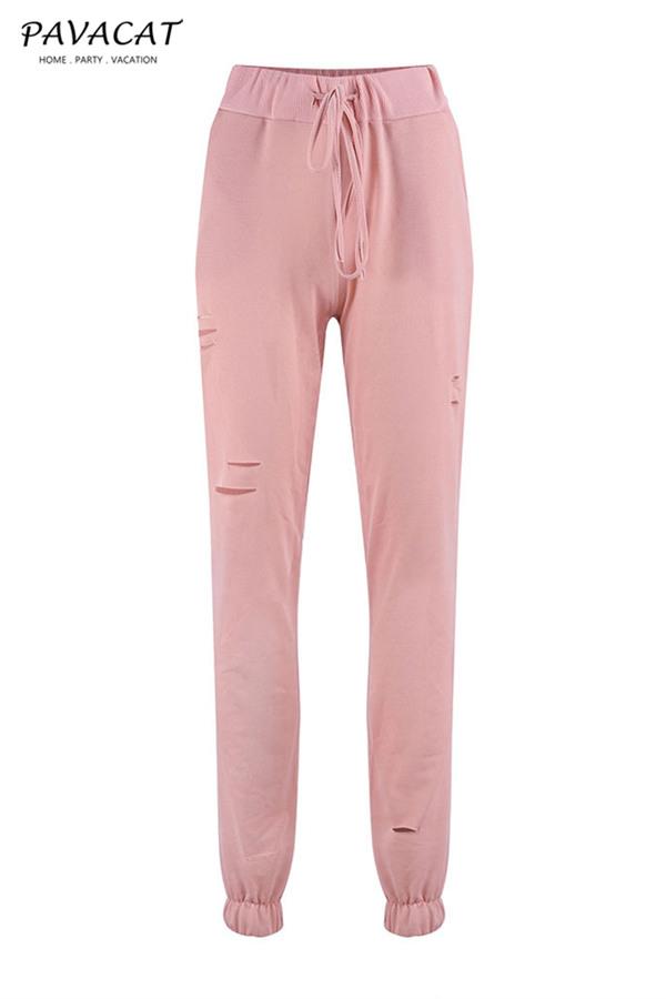 Solid Color Ripped Elastic Waist Pants