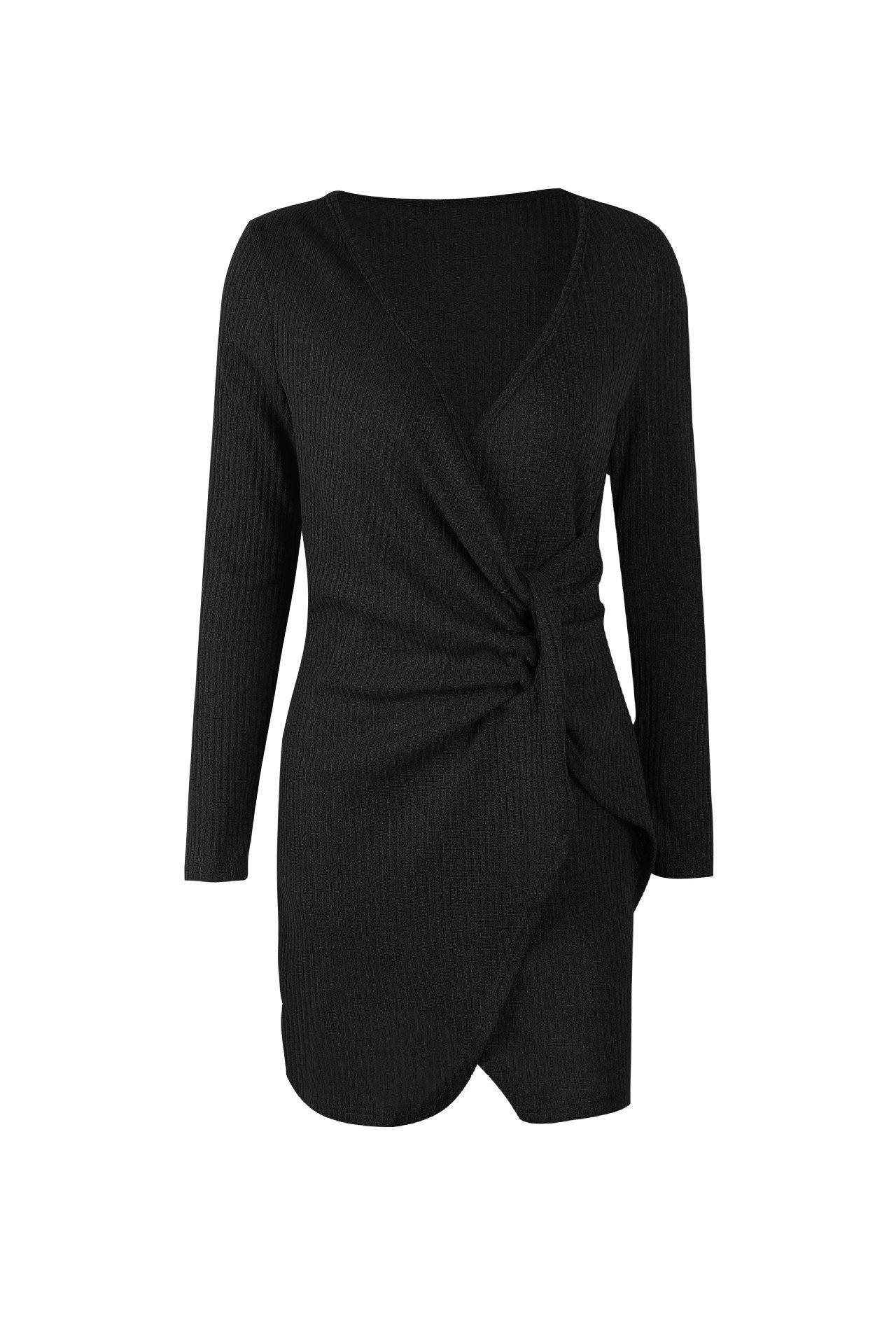Solid Color V Neck Wrap Sweater Dress
