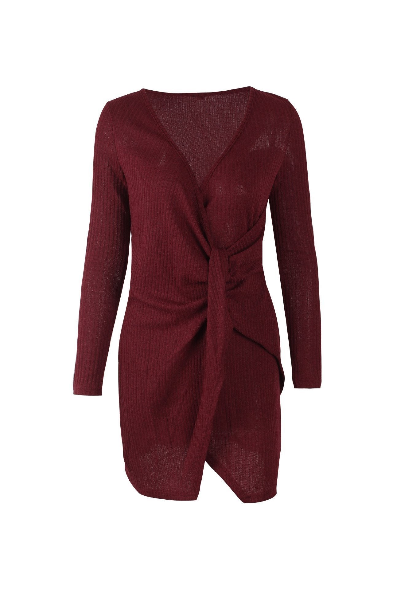 Solid Color V Neck Wrap Sweater Dress