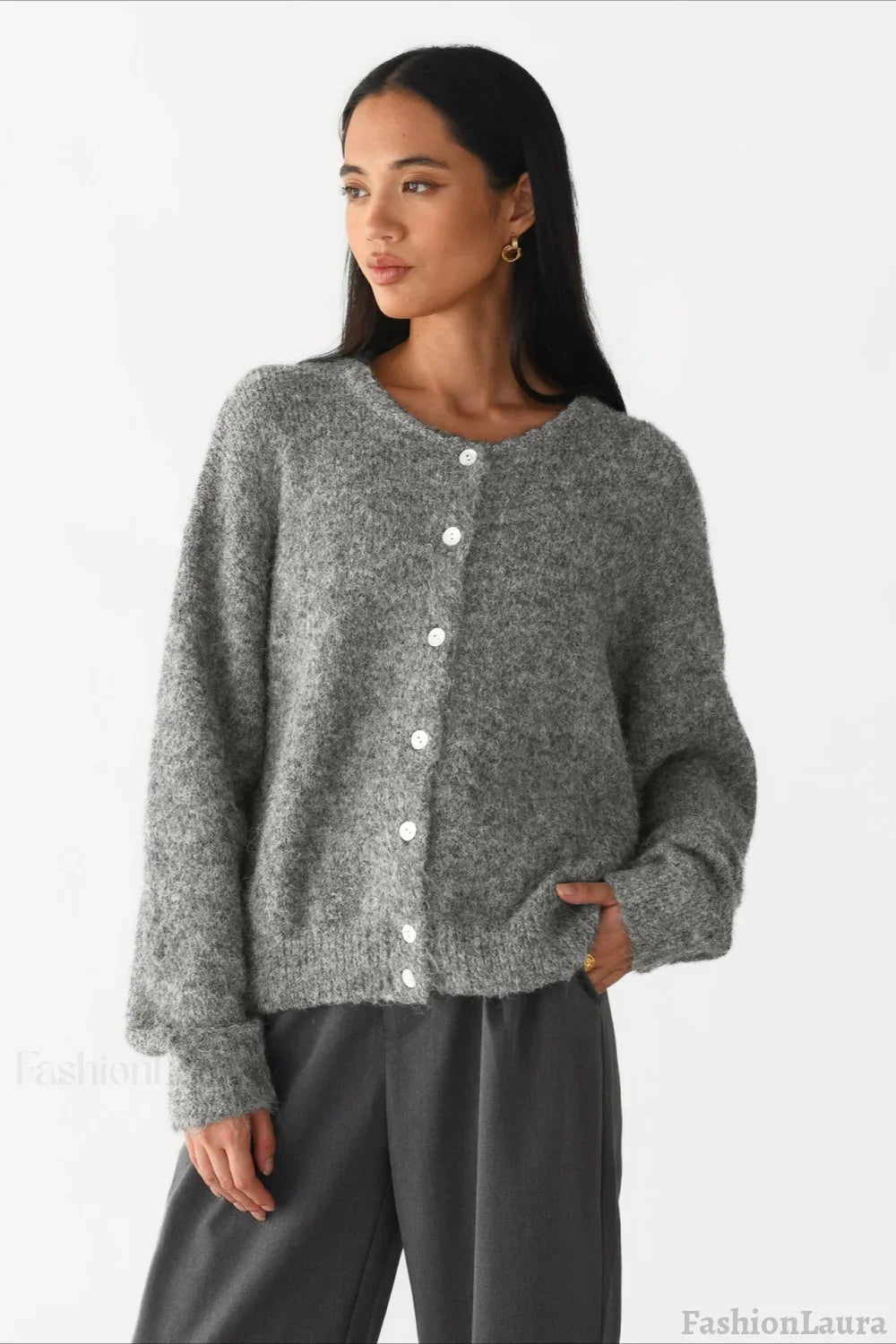 Solid Color Wool Blend Cardigan M / Grey