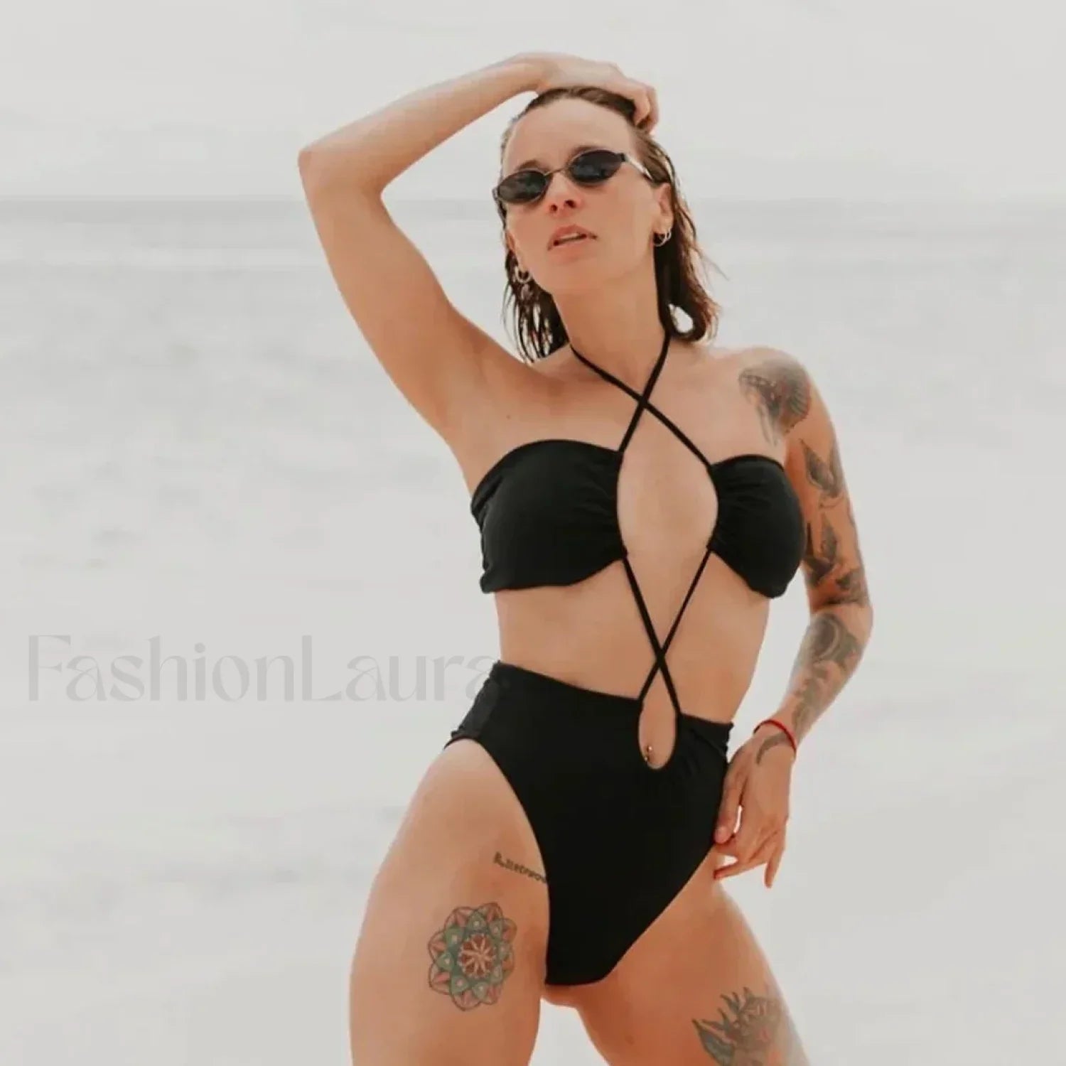 Solid Flowers Strap Backless One Piece