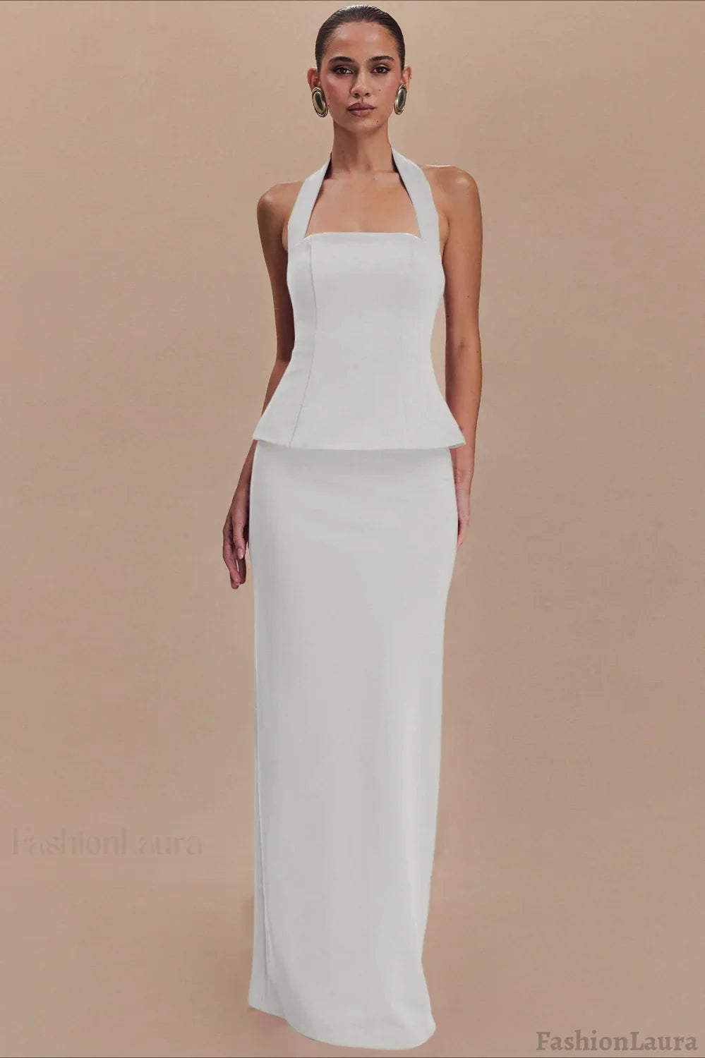 Solid Halter Backless Maxi Formal Dress