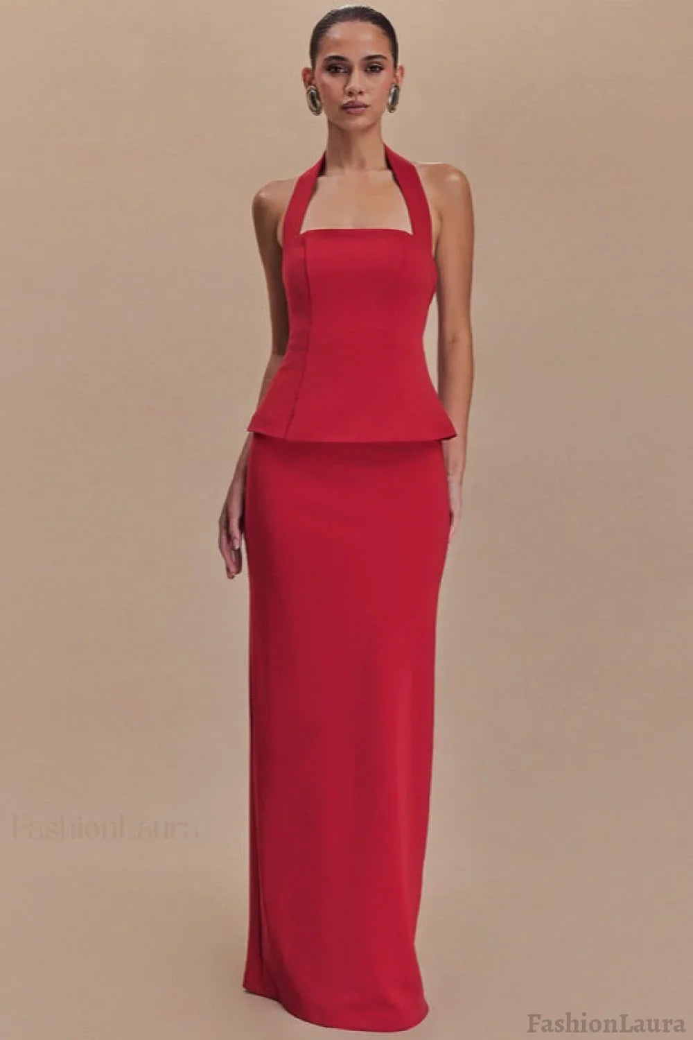 Solid Halter Backless Maxi Formal Dress