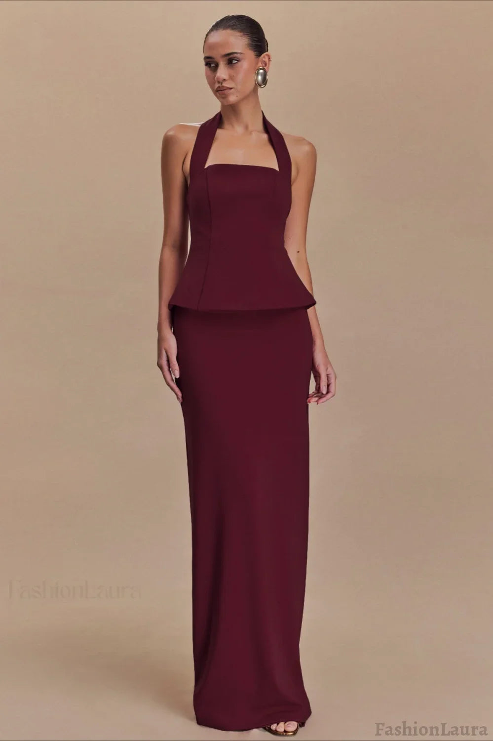 Solid Halter Backless Maxi Formal Dress S / Claret