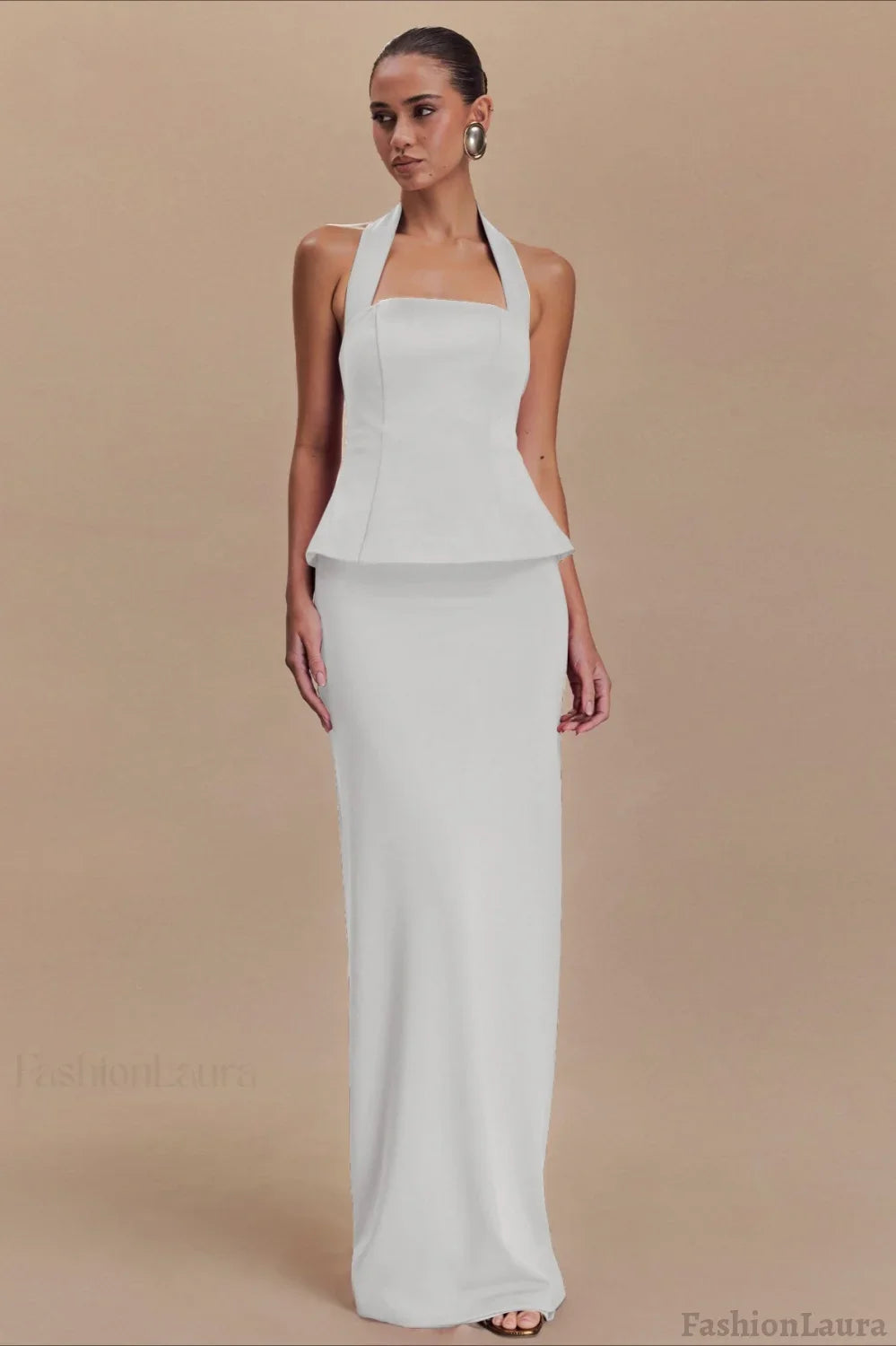 Solid Halter Backless Maxi Formal Dress S / White