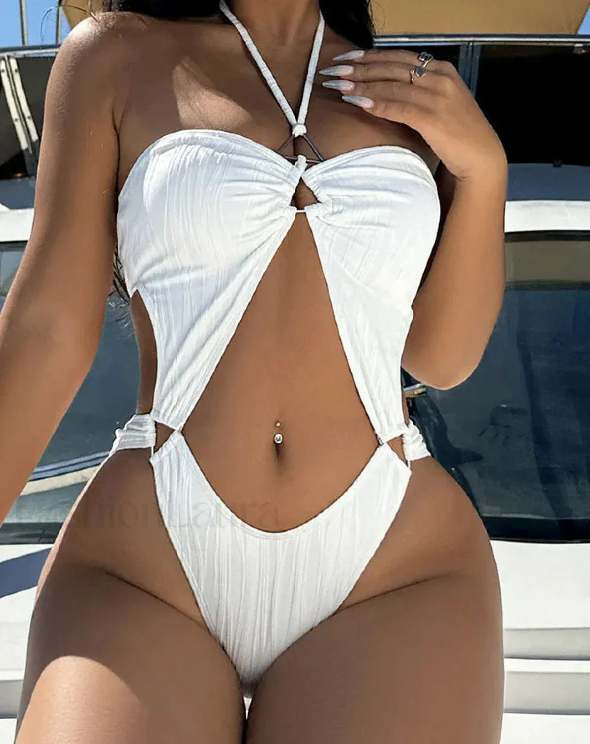 Solid Halter Hollow Push Up One Piece