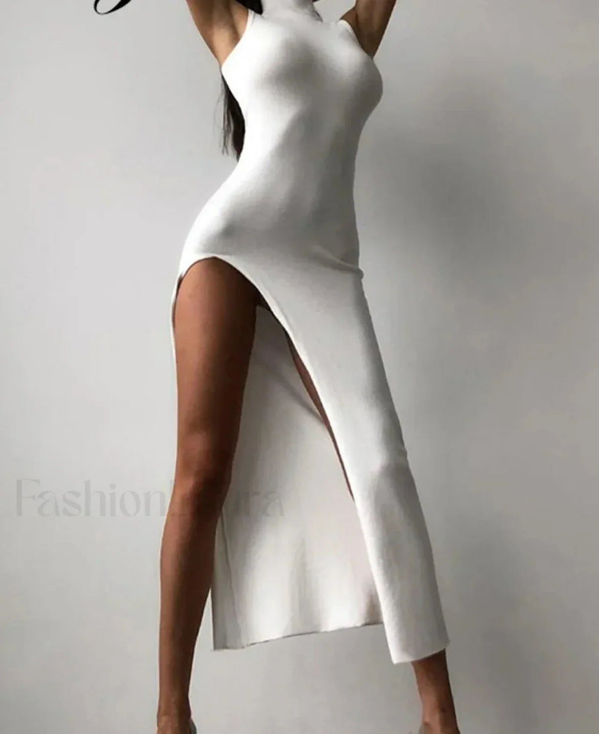 Solid High-Neck Midi Dress