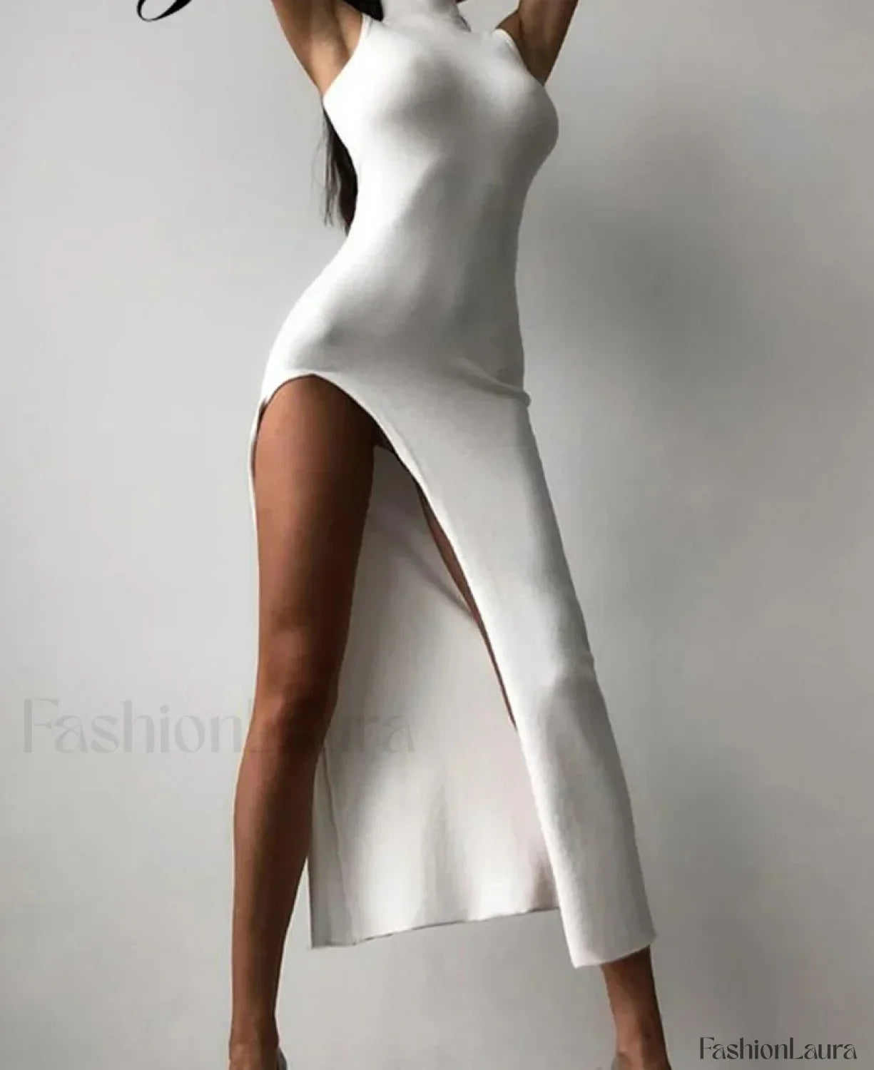 Solid High-Neck Midi Dress