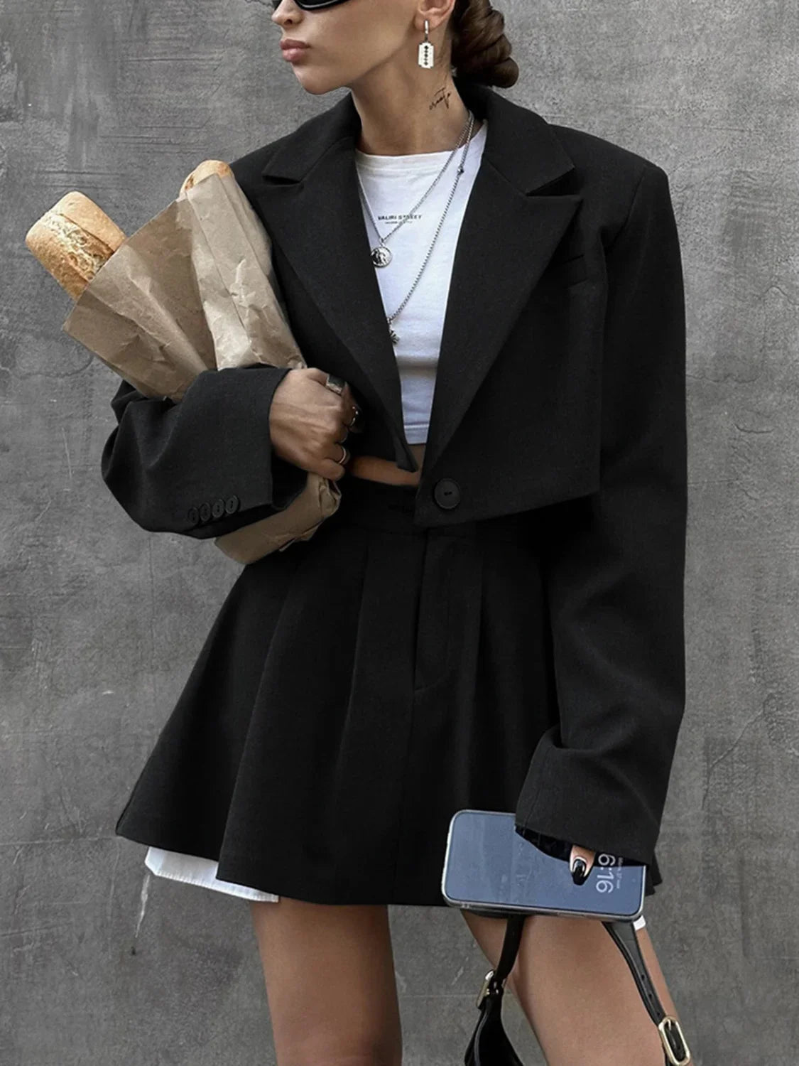 Solid Lapel Blazer Trendy Mini Skirt Set