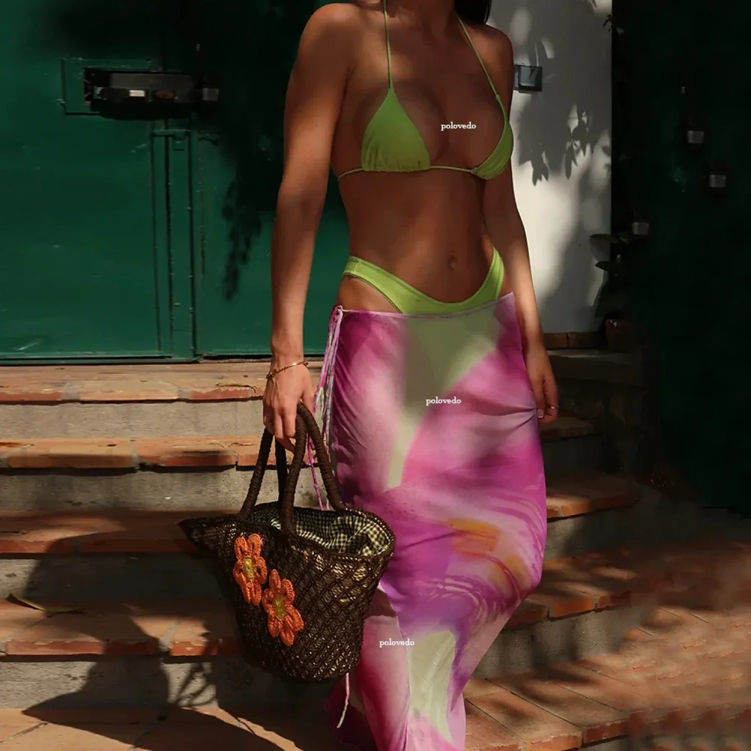 Solid Long Cover Skirt Bikini Three Piece Set