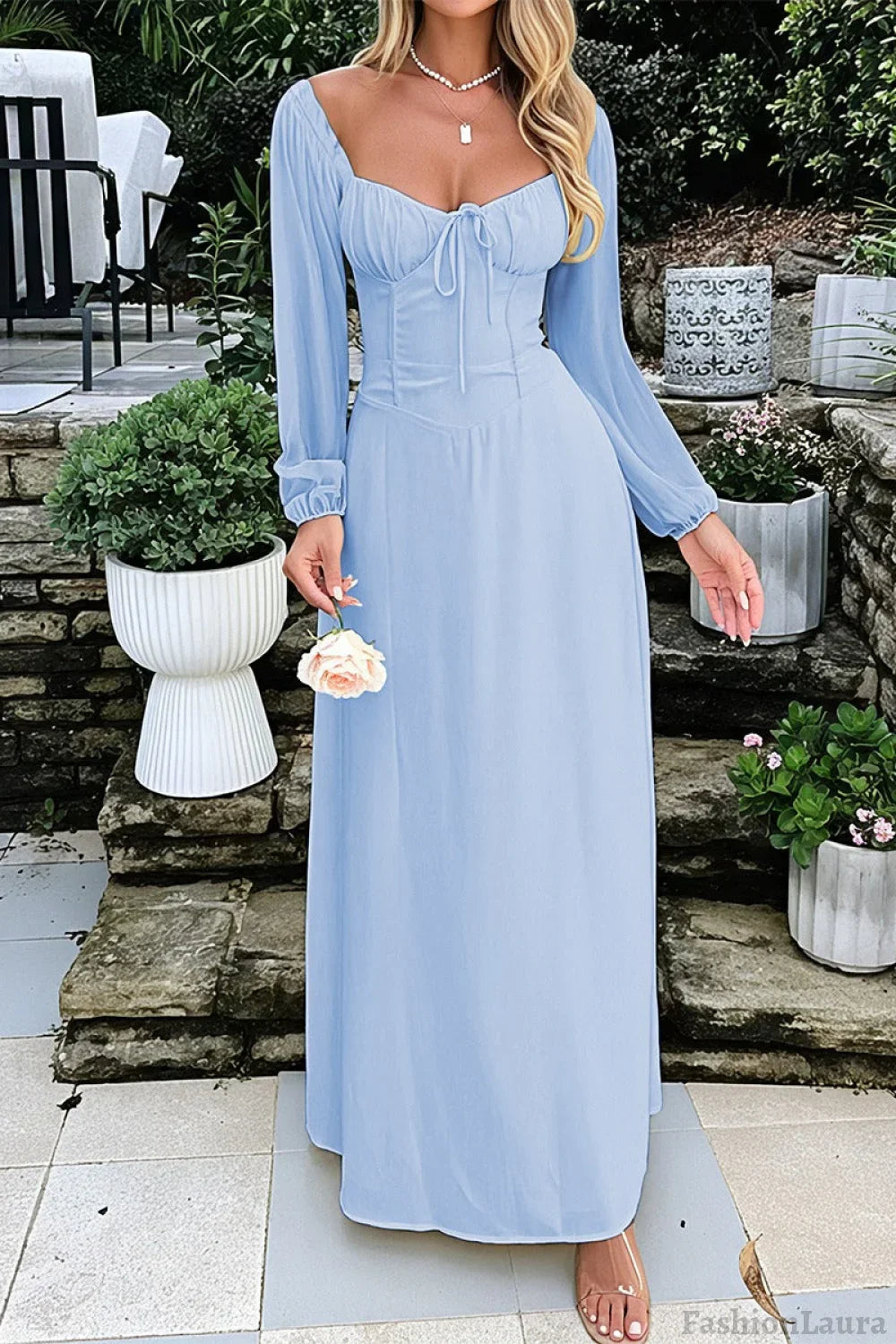 Solid Long Sleeve Party Dress S / Blue