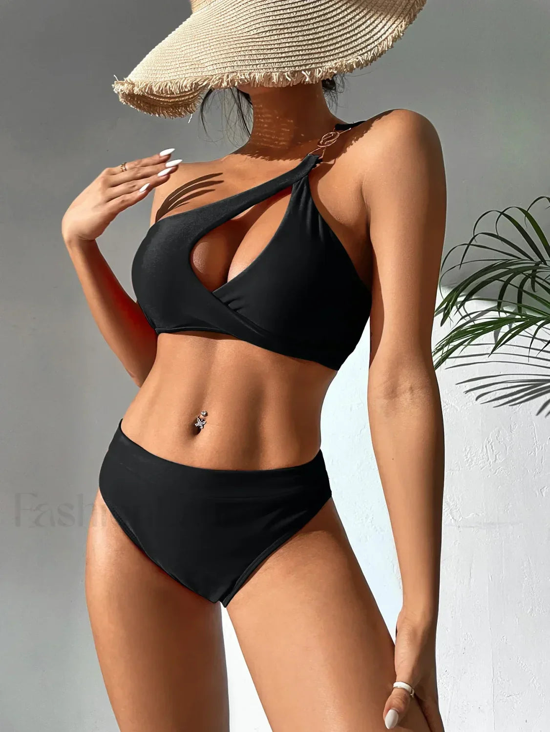 Solid One Shoulder Hollow Push Up Bikini Set Black / S