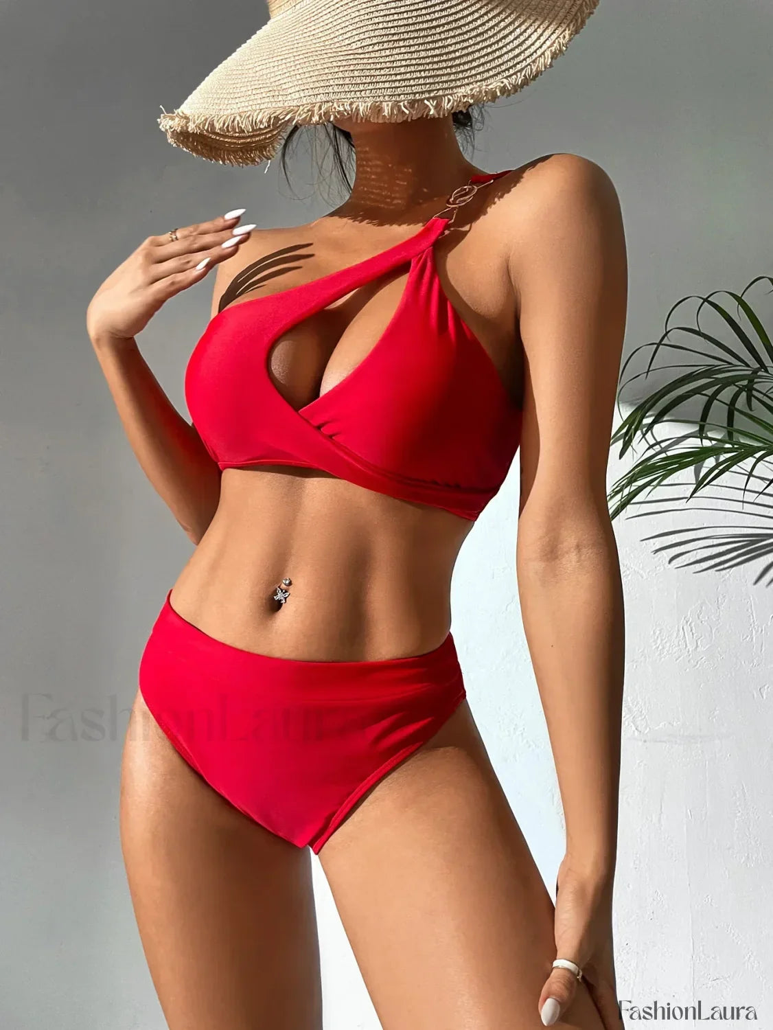 Solid One Shoulder Hollow Push Up Bikini Set