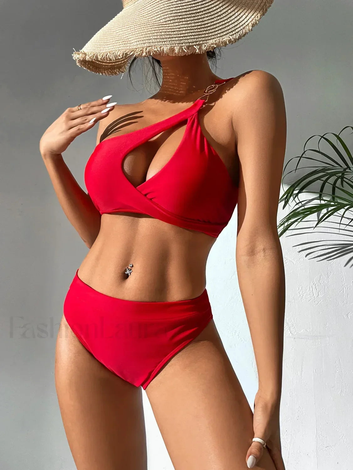 Solid One Shoulder Hollow Push Up Bikini Set Red / S
