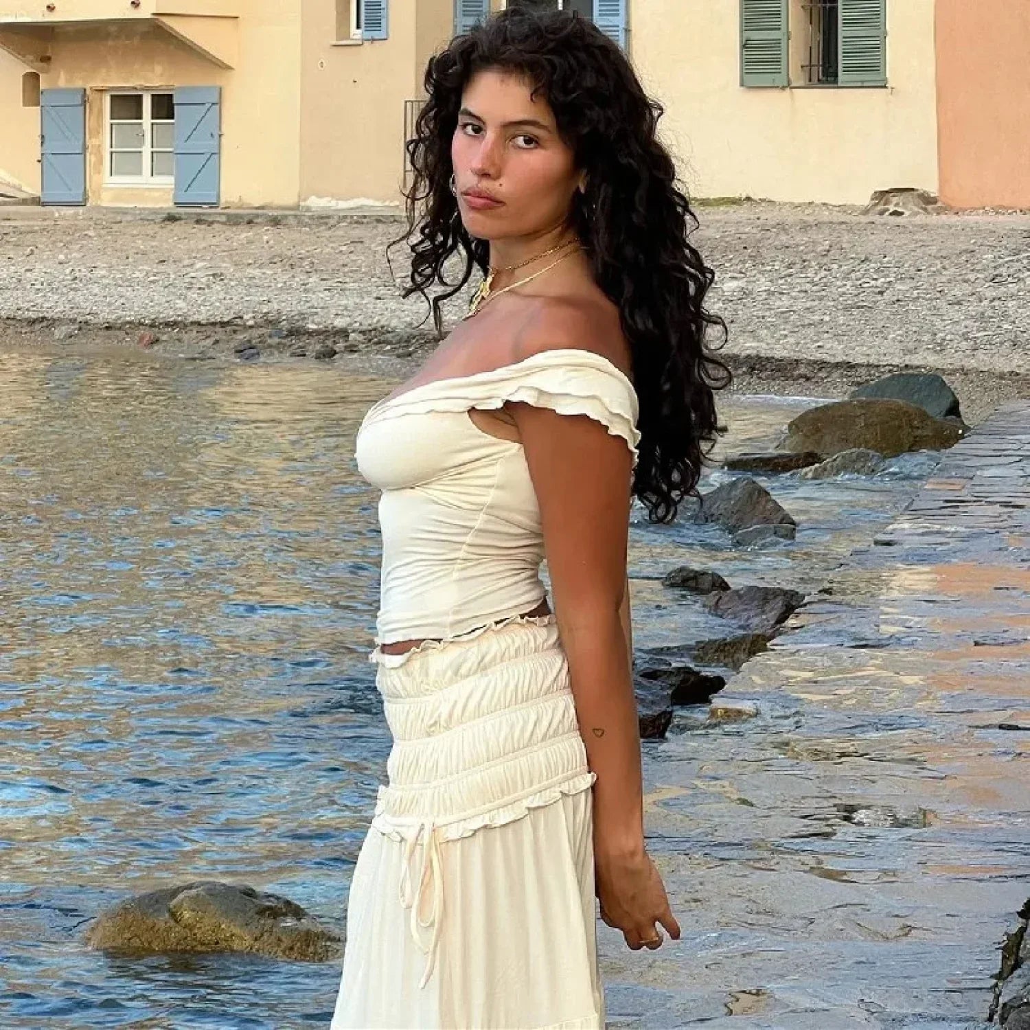 Solid Ruffle Maxi Skirt Knit Two Piece Set