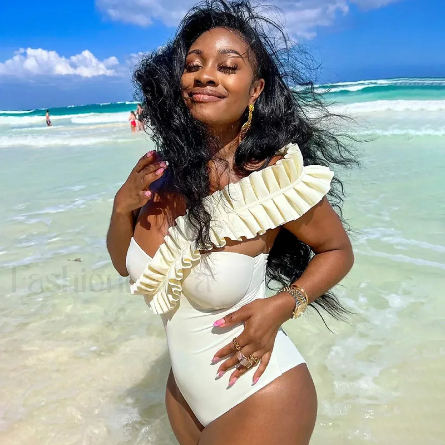 Solid Ruffle Yellow One Piece white / S