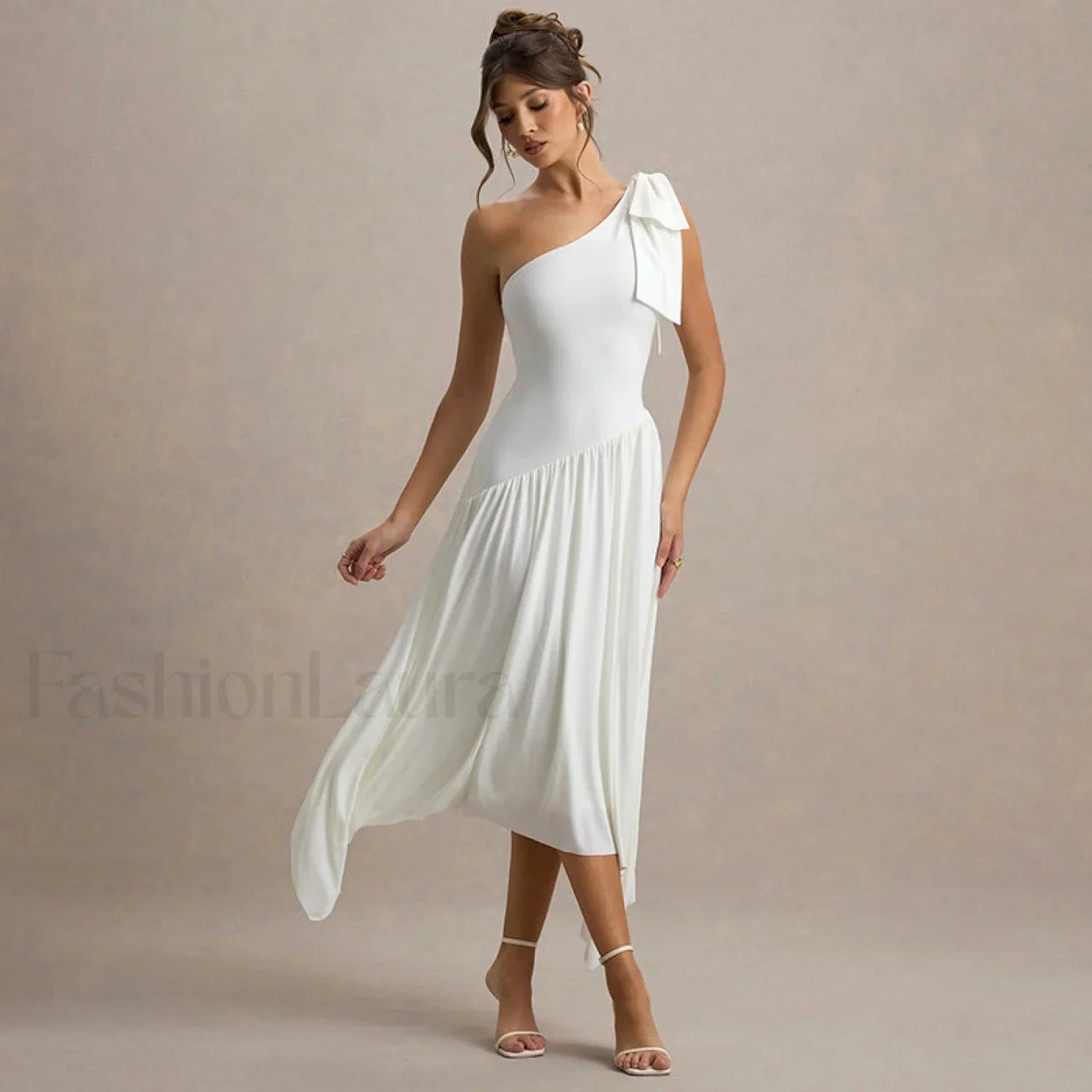 Solid Sleeveless One Shoulder Maxi Dress White / S