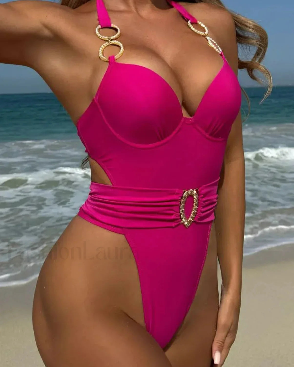 Solid Tied Halter Push Up One Piece