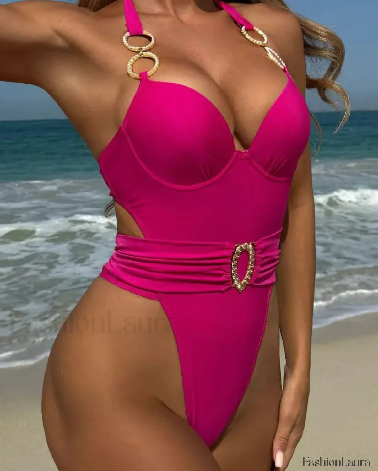 Solid Tied Halter Push Up One Piece