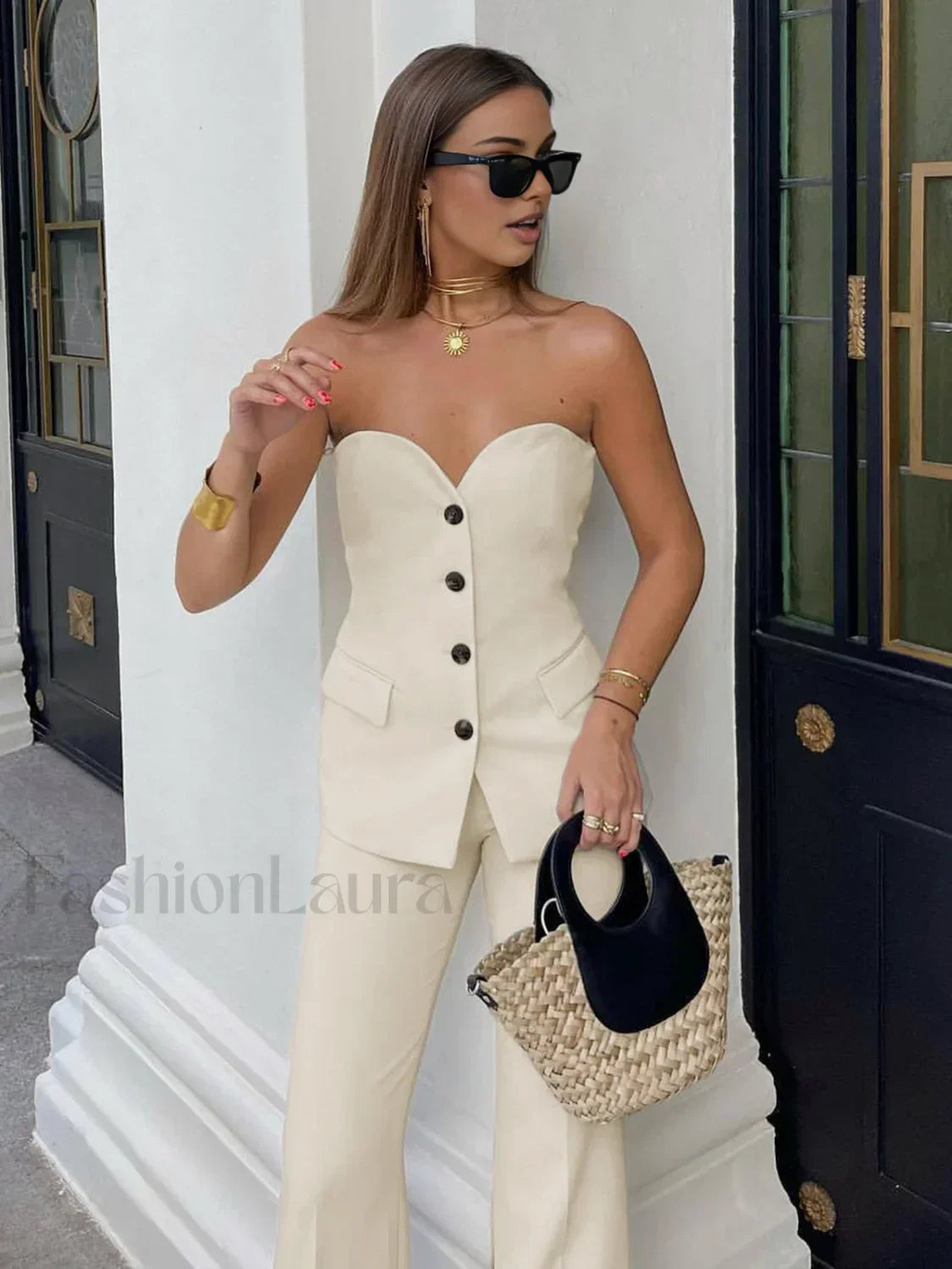 Solid Tube Top With Wide Leg Pants Set