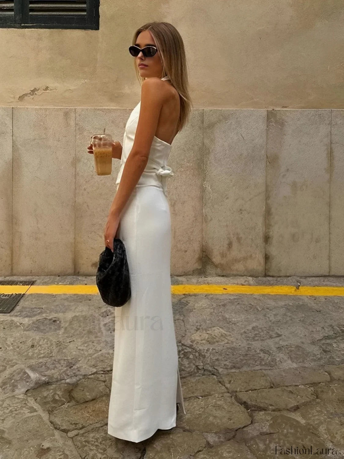 Solid V-Neck Backless Tie Up Classic Halter & Split Maxi Skirt Set