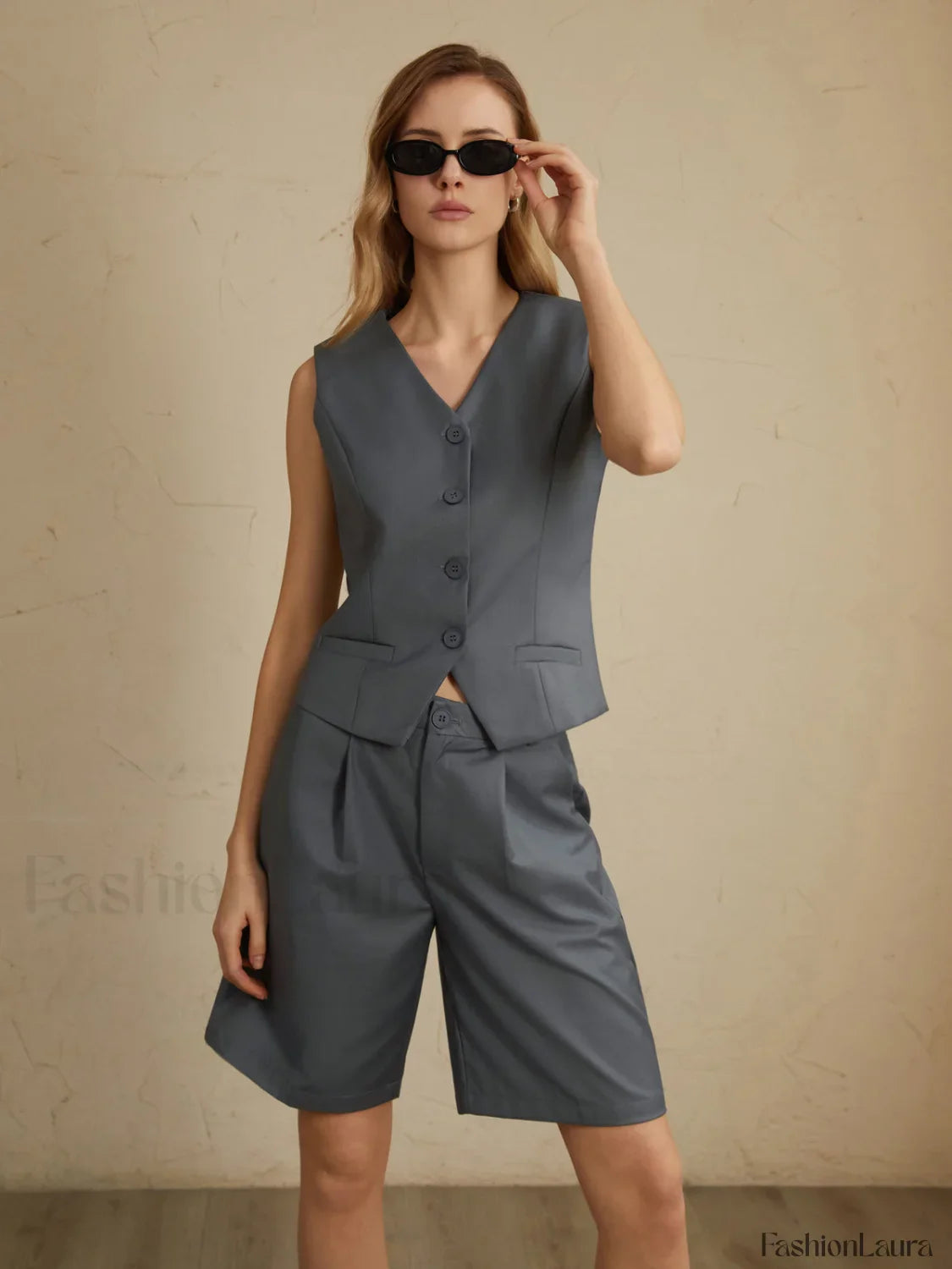 Solid Waistcoat Graceful With Shorts Set Grey / XS Pant Sets