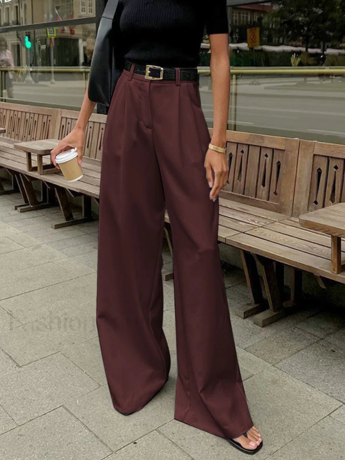 Solid Wide Leg Pants Without Belt Burgundy / XS Pants