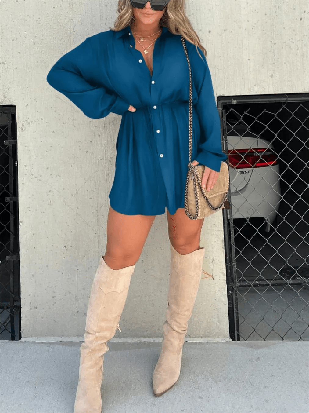 Long Sleeve Button Front Collared Waist Cinched Shirt Mini Dress