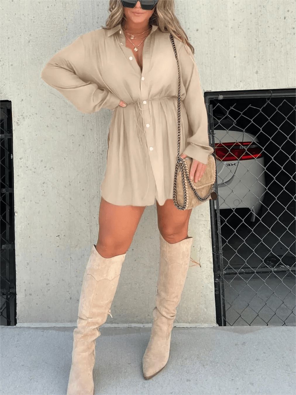 Long Sleeve Button Front Collared Waist Cinched Shirt Mini Dress