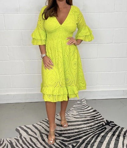 Lace Eyelet V-Neck Smocked Waist Tiered Ruffle Sleeve Fit and Flare Midi Dress