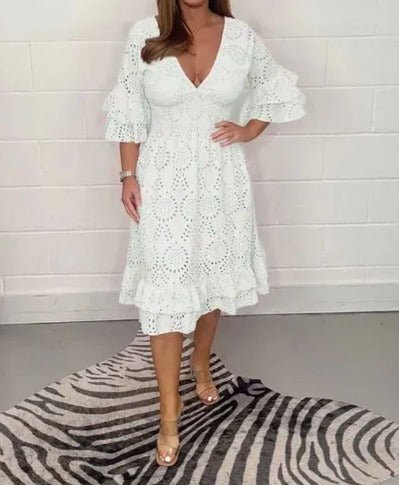 Lace Eyelet V-Neck Smocked Waist Tiered Ruffle Sleeve Fit and Flare Midi Dress